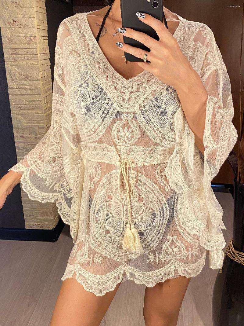 

Women's Swimwear 2023 Sexy Lace See Through Long Sleeve Tunic Beach Cover Up Cover-ups Dress Wear Beachwear Female Women V4528, Beige