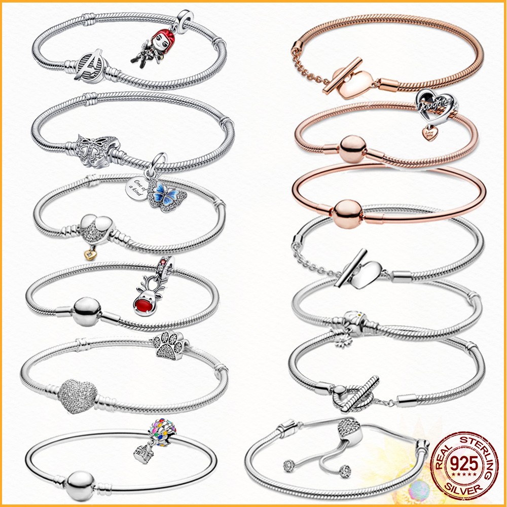 

2023 Women's Sterling Silver High Quality Sparkling Heart Clasp Snake Chain Pandora Bracelet Fit Original Charm Diy Bracelet Universal Bracelet for Women