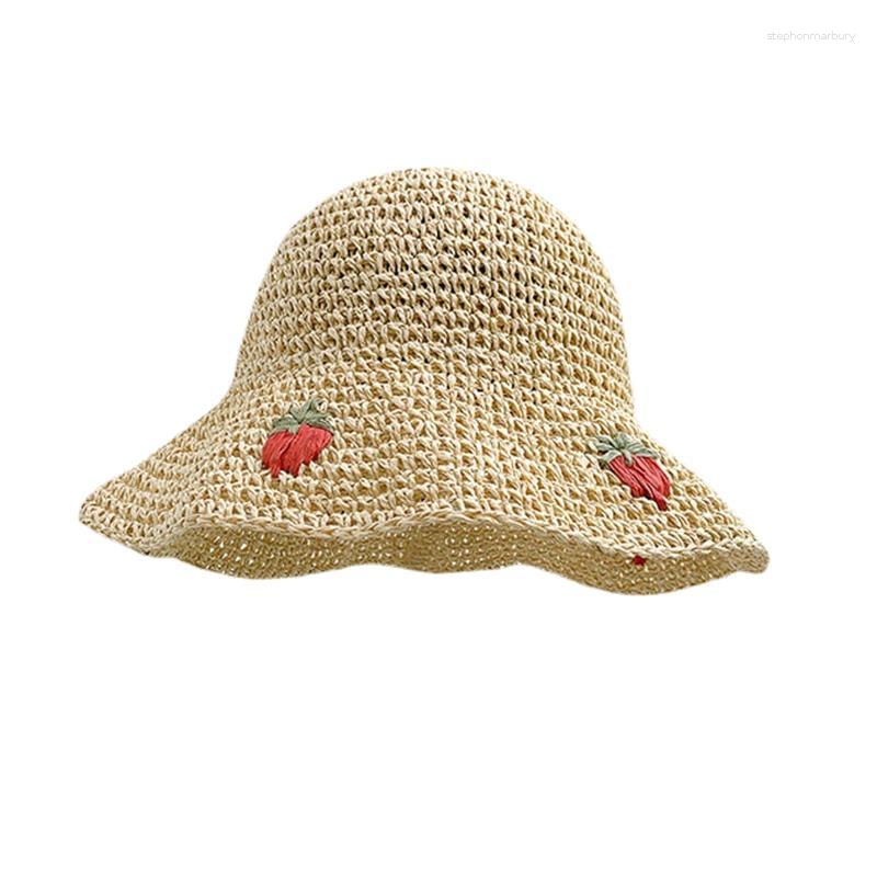 

Wide Brim Hats Female Strawberry Handmade Crochet Fisherman Hat Sweet Cute Straw Woven Vacation Sunshade Beach Bucket Sun, Khaki