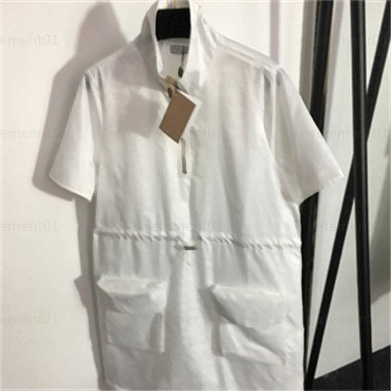 

Summer White Dress Designers Outfits Logo Letters Dark Jacquard Drawstring Waist Half-zip Stand-up Collar Short-sleeved dresses Designer Dress Women