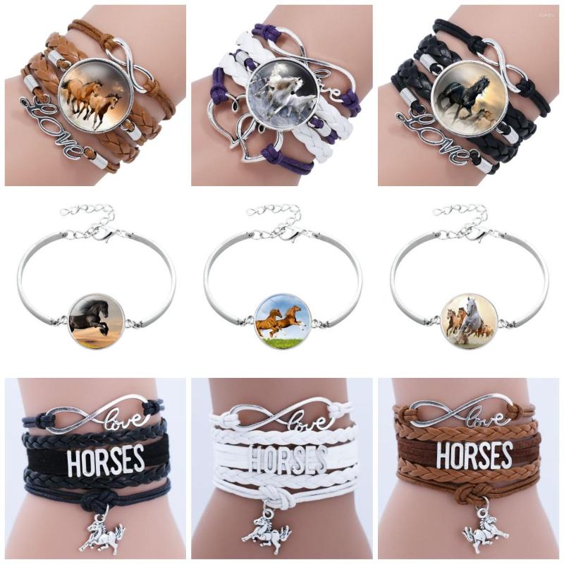

Charm Bracelets Fashion Leather Infinity Horse Wrap Bracelet For Women Glass Dome Cabochon Jewelry Vintage Brown Gift