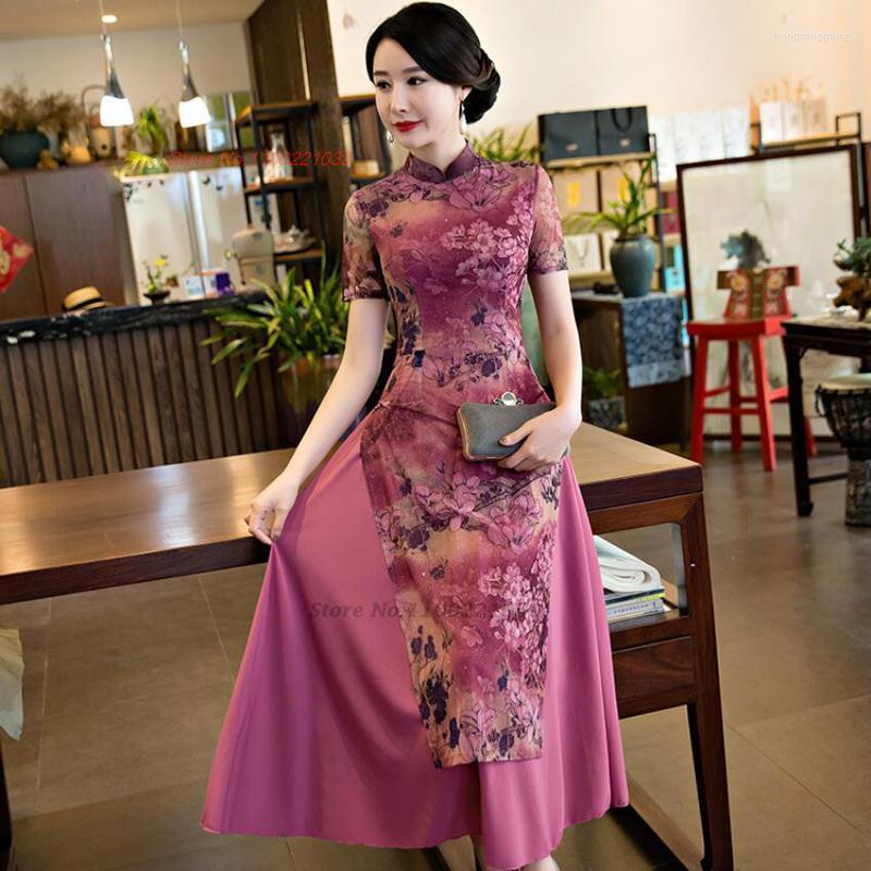 

Ethnic Clothing 2023 Traditional Chinese Vintage Dress National Flower Print Chiffon Improved Cheongsam Oriental Evening Vestido