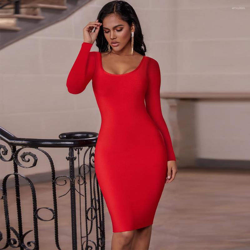 

Casual Dresses Long Sleeve Bandage Dress 2023 Christmas Year Red Bodycon Women Autumn Winter Sexy Party Evening Outfits