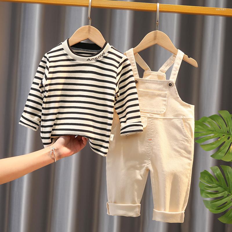 

Clothing Sets Spring Fashion Baby Girls Boys Toddler Infant Clothes Casual Stripe T Shirt Rompers Pants 2pc Kids Children's Wear, Beige