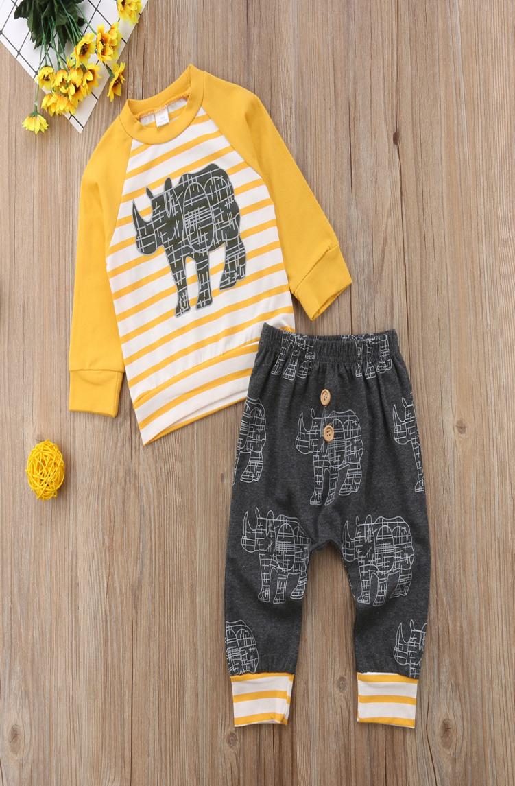 

INS Baby boys rhinoceros outfits children print topspants 2pcsset Spring Autumn fashion Boutique kids Clothing Sets wt17623555584, Yellow