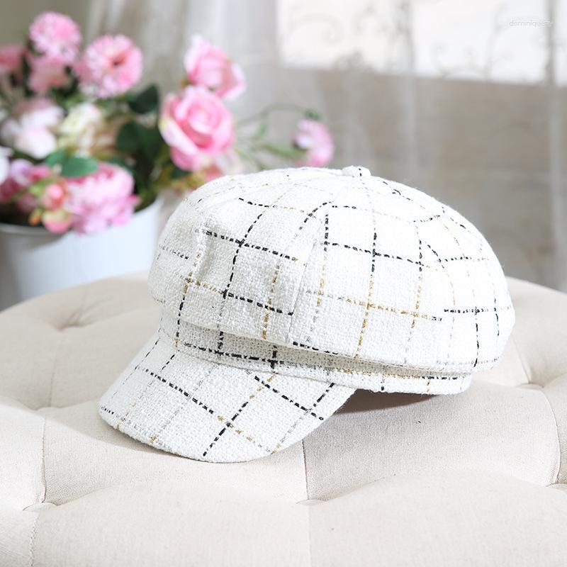 

Sboy Hats British Gold Grid Octagonal Cap Autumn Winter Hat For Women Pure Cotton Casual Painter Wear, White