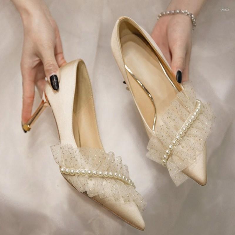 

Dress Shoes Women Sandals String Bead High Heels Autumn Sexy Lace Wedding Party Pointed Shallow Pumps Work Mujer Zapatos, Champagne