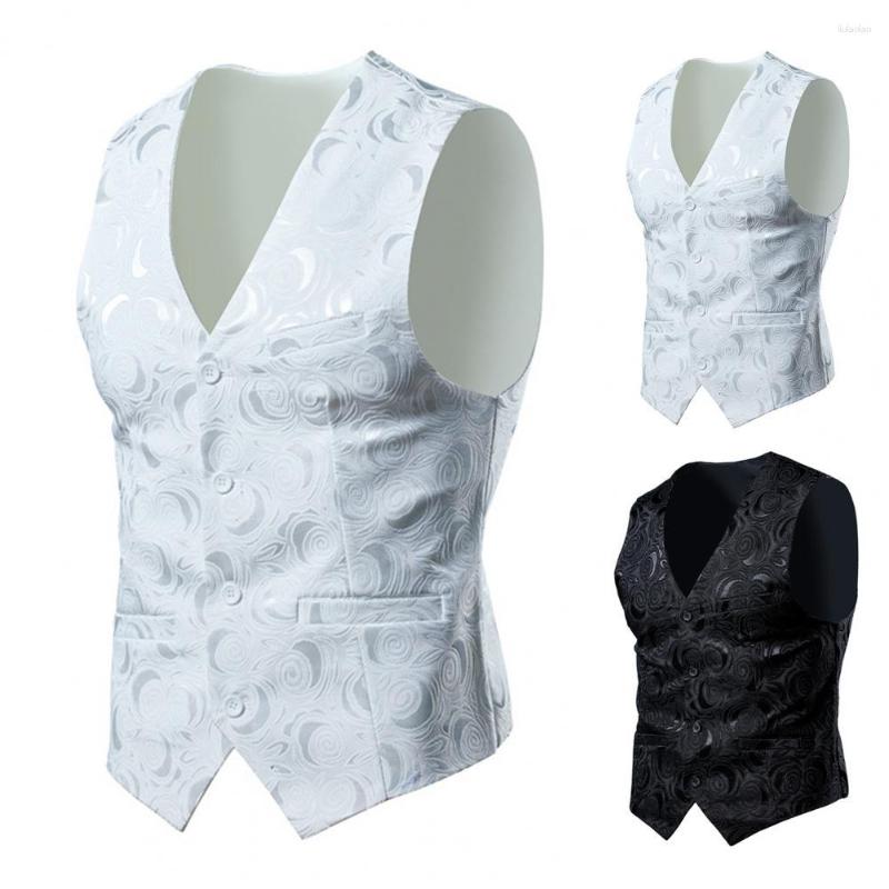 

Men's Vests Men Vest Coat Flower Printing Sleeveless Business Waist Formal Slim Fit Cardigan V Neck Groom Waistcoat For Wedding Party, Black