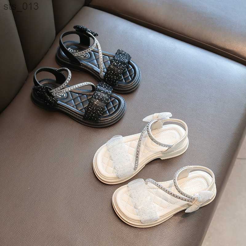 

Girls Black Sandals Children's Fashion Summer Sweet Princess Versatile Kids Bow Soft Sole Casual Rhinestone Mesh Shoes G04073 L230518, Beige