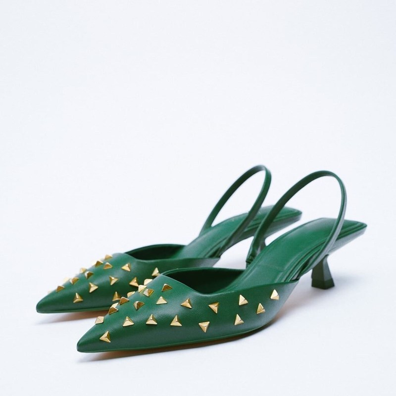 

Women's Kitten Heels Sandals Point Toes Female Personality Trendy Rivet Slingbacks, Green