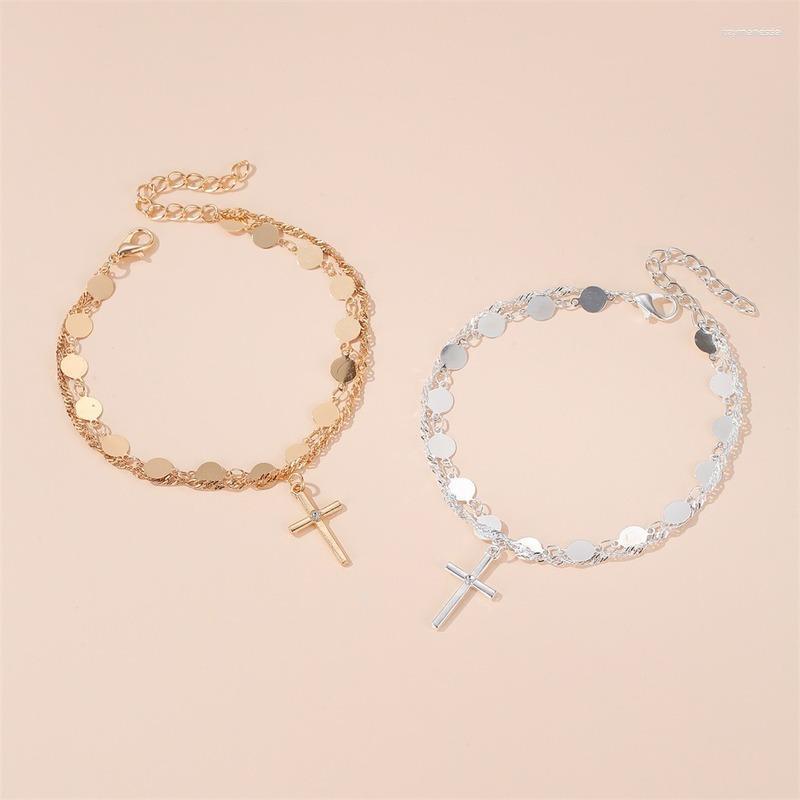 

Link Bracelets Chain Cross Women Bracelet Charms Ladies Bangles Layered Jewellery High Quality Fashion Trendy Gold Color Metal Lady ArmbandL