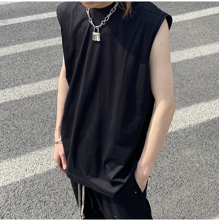 

Fashion Brand Rick Men Sleeveless Tank Top Men's Owens Tops With Streamer Loose Oversized Thick Fabric Top, Black