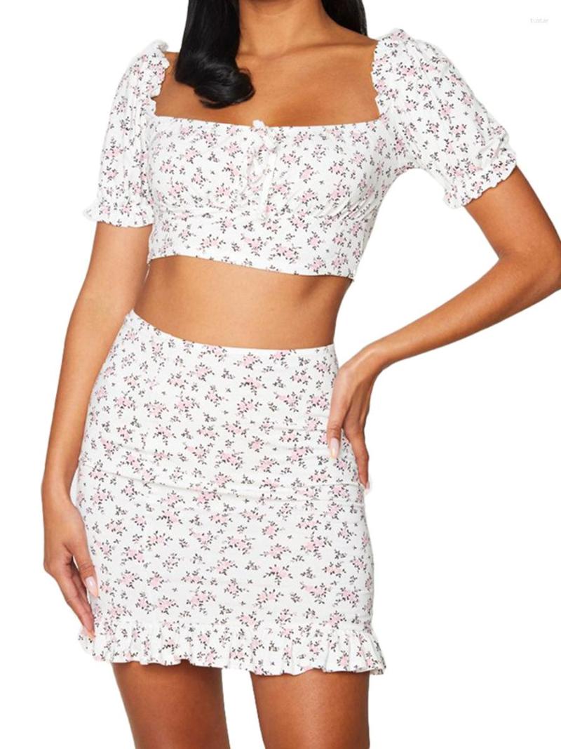 

Two Piece Dress Alyweatry Women Floral Print 2 Skirt Sets Sleeveless Corset Crop Tops Bodycon Mini Outfits Clubwear Streetwear, C-white