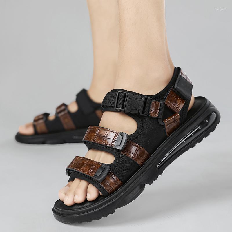 

Sandals Summer Air Cushion Beach Slippers Comfortable Shoes Men Leather Non-Slip High-quality Outdoor, Auburn