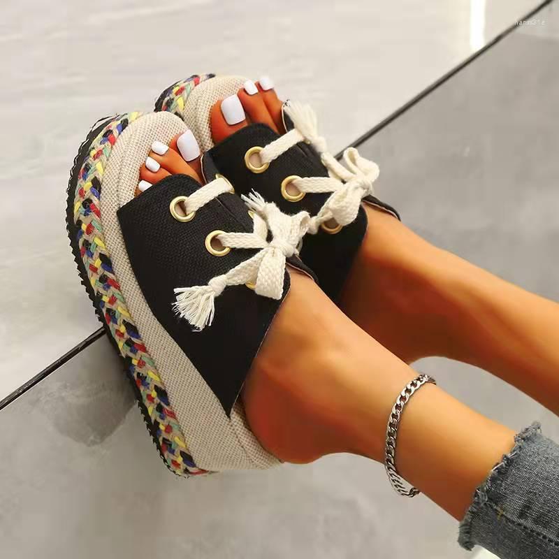 

Slippers Summer Wedge Color-Block Woven Women's Amazon Foreign Trade Large Size Straw Lace-Up Sandals, Black