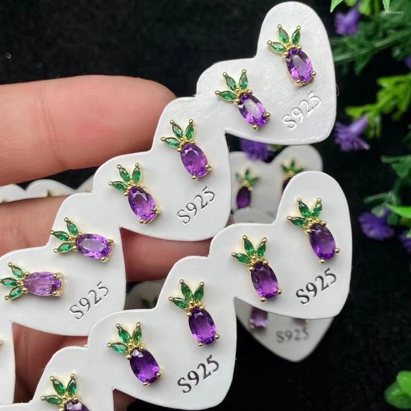 

Stud Earrings 10 Pairs Luxury Natural Amethyst Pineapple For Women Fashion 925 Silver Healing Crystal Gemstone