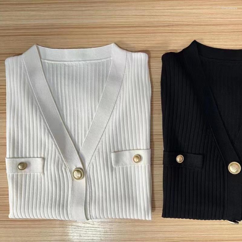 

Women' Knits Summer Spring Product Carved Gold Button V-Neck Short Sleeve Thin Knitted Tees Cardigan, Black