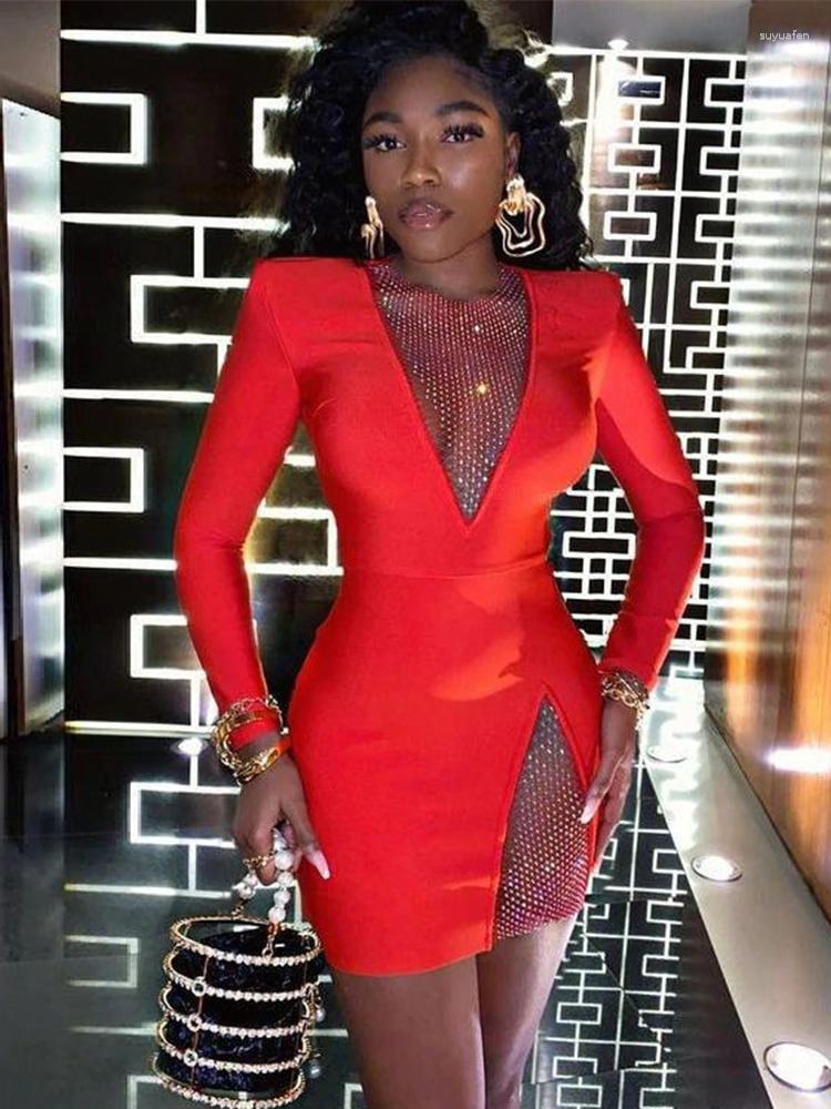 

Casual Dresses Long Sleeve Bandage Dress 2023 Women's Red Bodycon Elegant Sexy Crystal Evening Club Party High Quality Summer