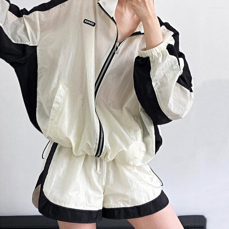 

Women's Tracksuits 2023Spring/Summer Shorts Set Women's Loose Long Sleeve Sunscreen Coat Contrast Wide Leg Fashion Two Piece For Women, White