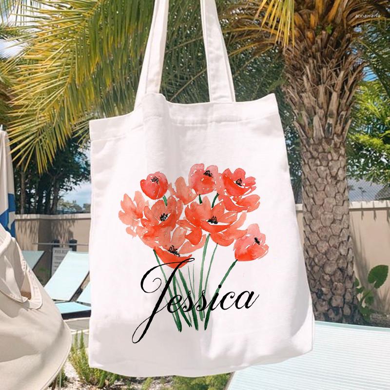 

Shopping Bags Personalised Flower With Name Shoulder Canvas Female Bag SummerTravel Handbags Harajuku Bookbags Gifts For Her, Fl-9