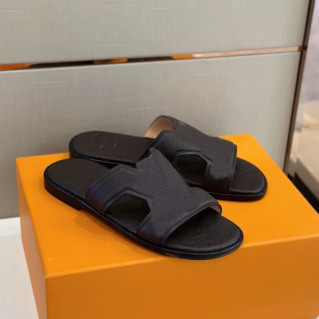 

Summer Luxury Men Oasis Sandals Shoes Slip On Mule Leather Flip Flops Casual Rubber Outsole Boy Slide Flats Comfort Walking EU38-46.Original BOX