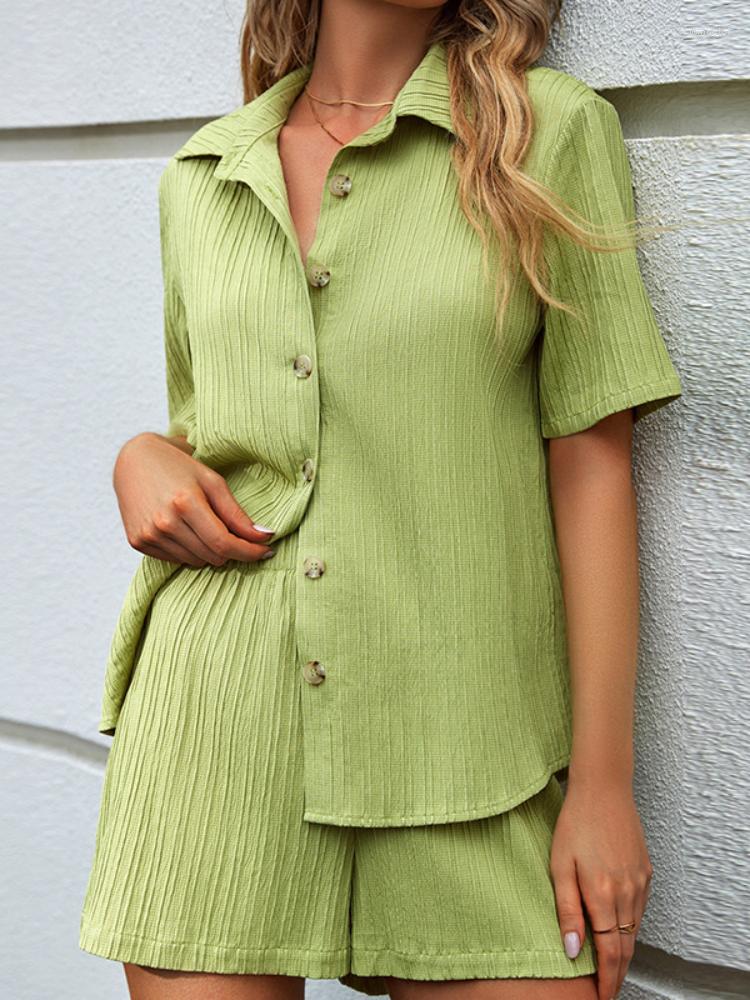 

Women's Tracksuits Short Sleeve Tshirts Suit Summer Shorts Two Piece Sets Women Outfits Top Pants Casual Turndown Collar Green Shirts