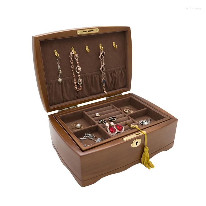 

Jewelry Pouches Wooden Organizer Box With Lock Double Layer Jewellery Storage Cases Women Rings Necklace Gift Boxes