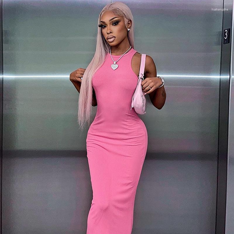 

Casual Dresses Pink Pencil Long Dress Women Fashion 2023 Summer Solid Sleeveless Streetwear Bodycon Party Club