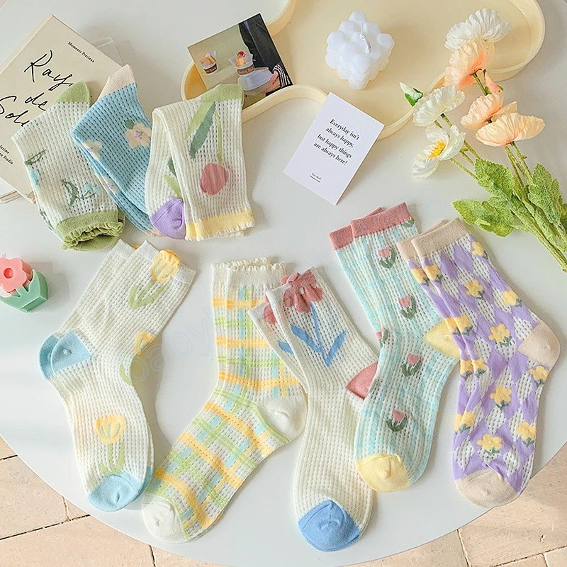 

Summer Lace Mesh Frilly Socks Ultra-thin Hollow Out Breathable Fishnet Socks Retro Cotton Floral Jacquard Elastic Short Socks