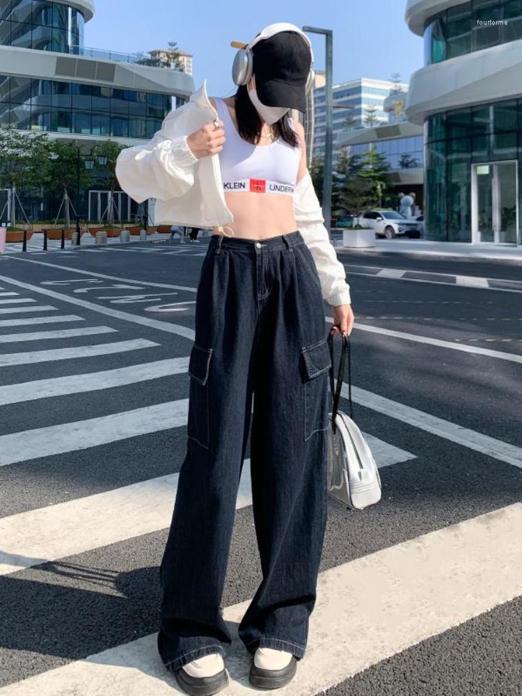 

Women' Jeans HOUZHOU Women Harajuku Cargo Oversized Streetwear Y2k Hip Hop Vintage Blue Wide Leg Denim Pants Casual Baggy Trouser Retro