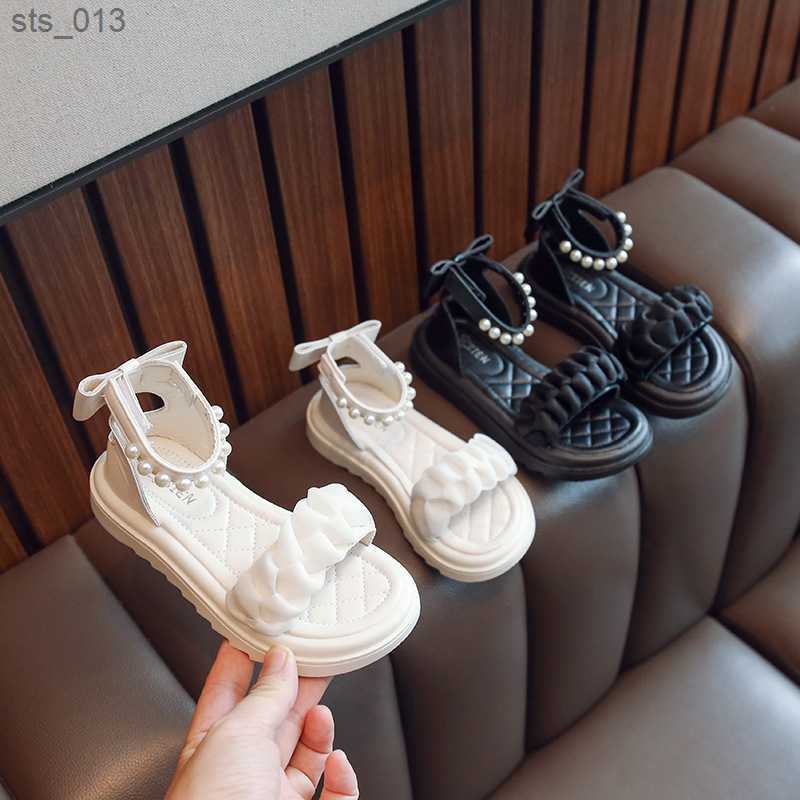 

Childrens Sandals for Girls 2023 Summer Sweet Open Toe Pearl Beading Kids Fashion Flats Beach Shoes All-match Princess Sandals L230518, Black