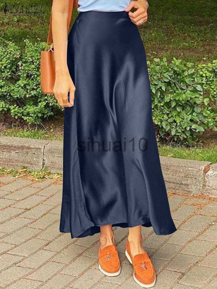 

Skirts ZANZEA Spring Satin Silk Faldas Saia Women Skirt Autumn Ankle Length Back Zipper Jupe Elegant Fashion Party Solid Sundress 2023 J230621, Navy