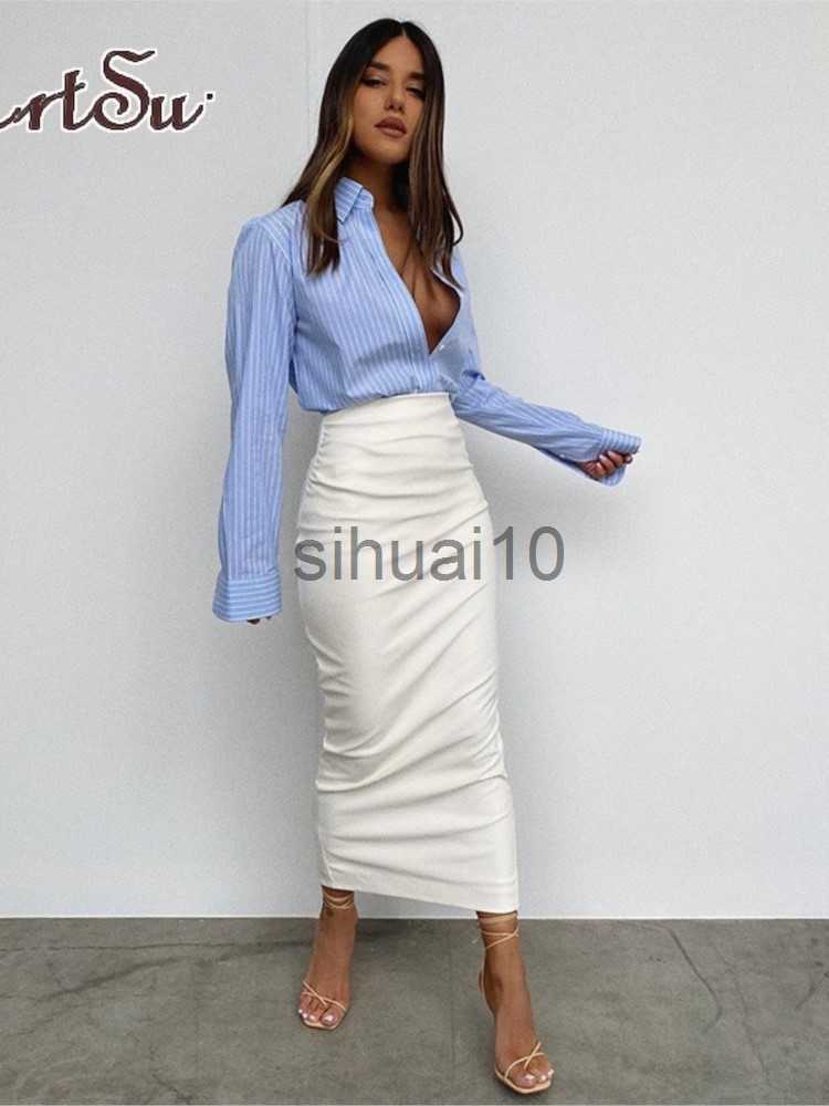 

Skirts Artsu Elegant Fashion Ruched PU Leather Midi Skirts Women Clubwear Party Office Lady High Waist Skirts Bottom Clothes J230621, Black