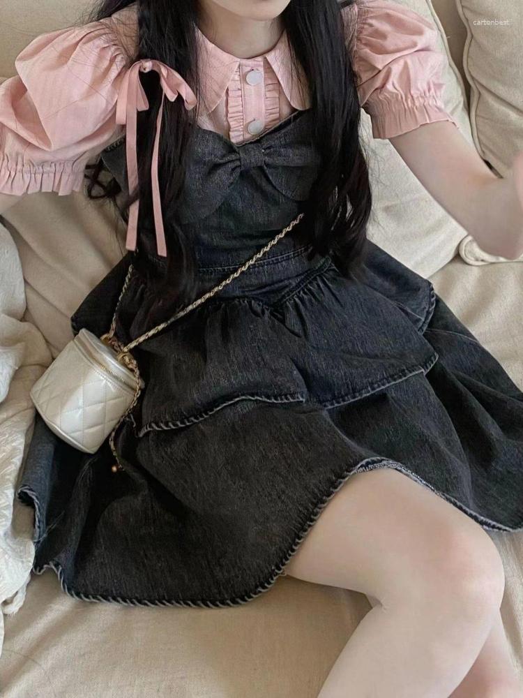 

Work Dresses French Elegant Y2k 2 Piece Dress Set Female Casual Pink Blouse Retro Denim Strap Mini 2023 Summer Korean Fashion Suits, 2 piece set