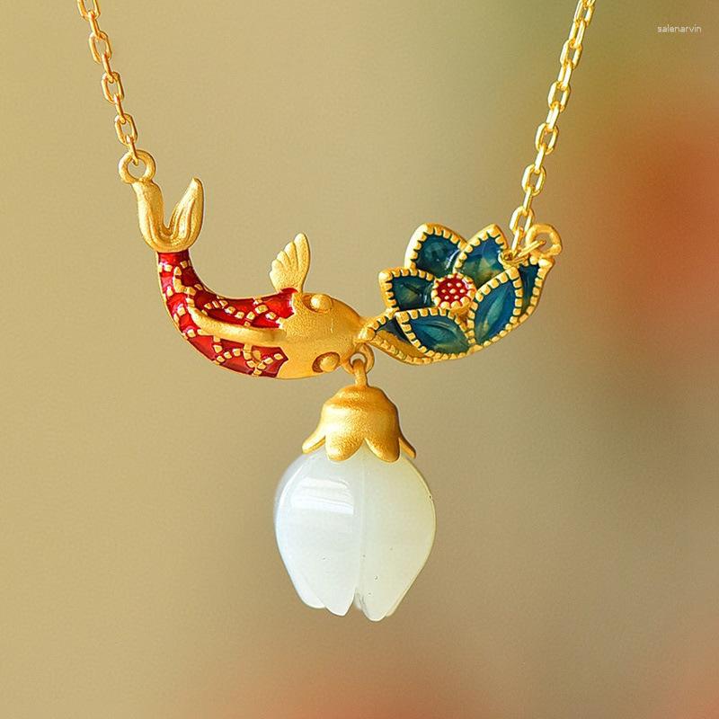 

Chains Natural An Jade Necklaces Enamel Fish-shaped Lotus Ancient Gold Craft Pendant Light Luxury Chinese Style Retro Charm Jewelry