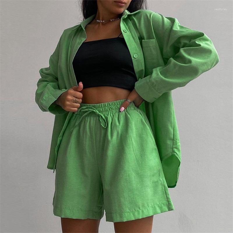 

Women' Sleepwear QWEEK Suits With Shorts Women Loungewear Cardigan Casual Loose Shirt Pajamas Two Piece Set Room Wear Homewear Summer, Green