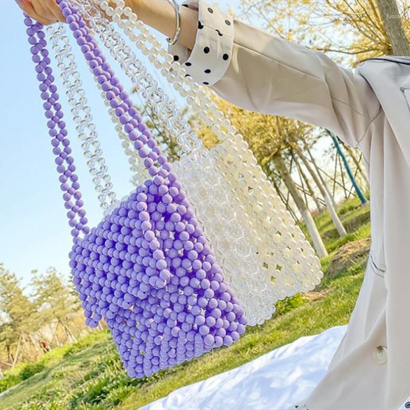 

Evening Bags Beads Knitting Lady Pearl Handmade Handbags Summer Shoulder, Clear