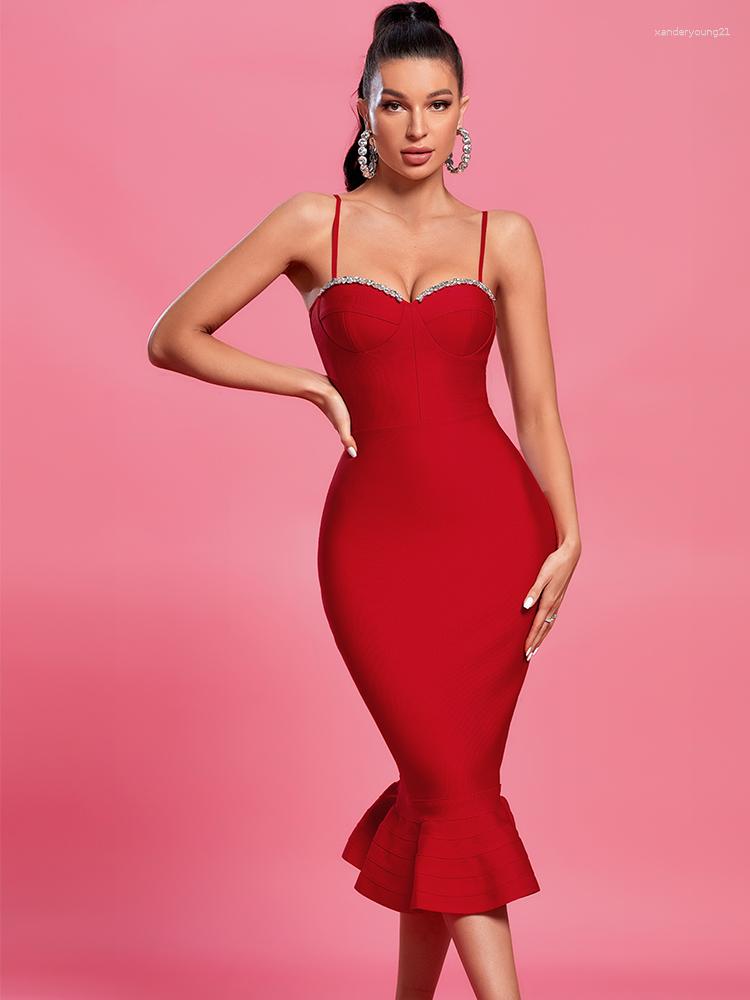 

Casual Dresses Crystal Bandage Dress Women Red Party Bodycon Elegant Sexy Mermaid Midi Evening Birthday Club Outfit 2023 Summer