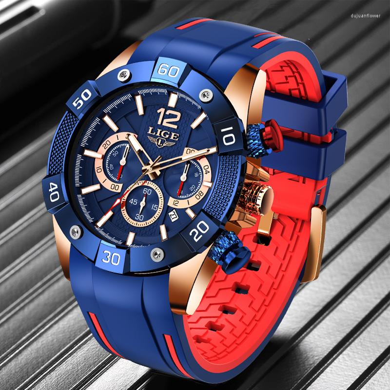 

Wristwatches LIGE Watch Men Sport Quartz Wristwatch Chronograph Military Mens Watches Luminous Date Clock For Relogio Masculino, Silicone rose blue