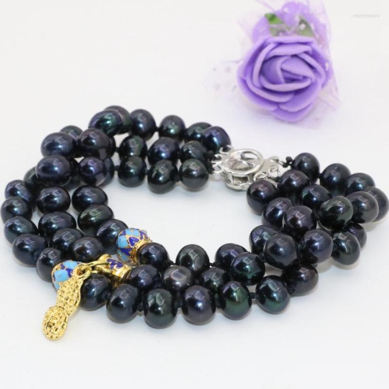 

Strand Design Multilayer Bracelets Natural 7-8mm Black Pearl Beads Fashion Women 3 Rows Elegant Jewelry 7.5inch B2804