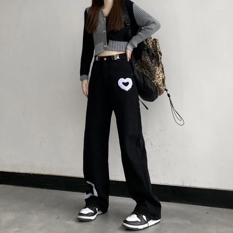 

Women' Jeans Deeptown Korean Fashion Heart Print Black Denim Trousers Women Hippie Streetwear Wide Leg Baggy Harajuku Kpop Loose Pants