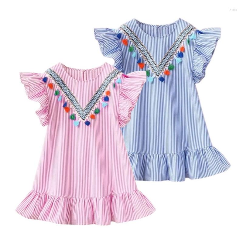 

Girl Dresses Kids Summer Girls Tassel Flying Sleeve Stripe Toddler Baby 1 2 3 4 5 6 7 Years Children's Clothing, Blue