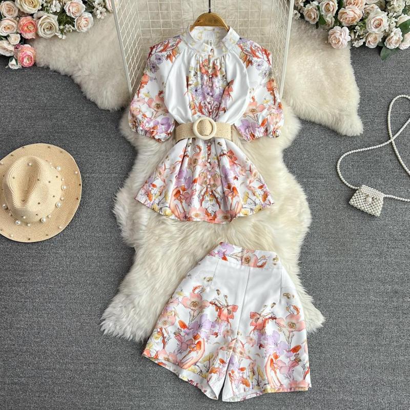 

Women's Tracksuits Summer Retro Set Temperament Short Sleeve Standing Neck Single Breasted Printed Shirt Two Piece High Waist Wide Leg, White