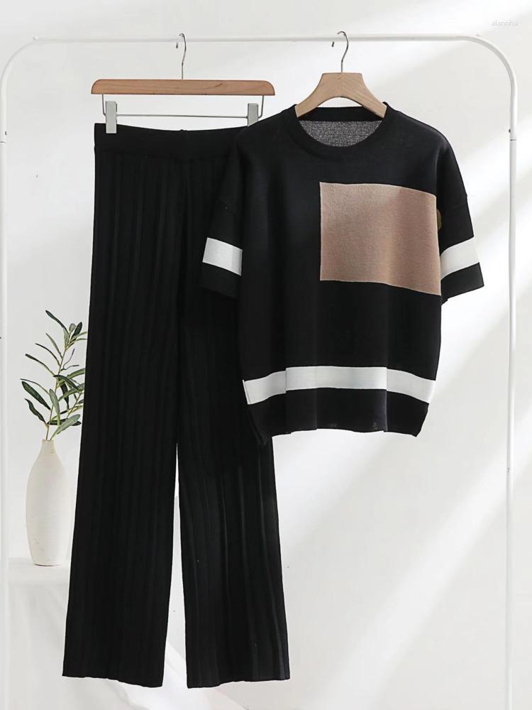 

Women's Two Piece Pants Summer Set Women Temperament Splicing Loose Short Sleeve Sweater Tops With Split Knit Womens Two-piece Suits, Black