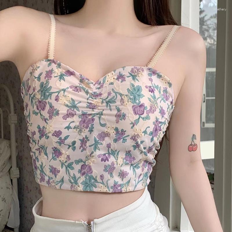 

Women's Tanks French Style Small Flower Beautiful Back Suspender Vest Women With Chest Pad Versatile Bottom Bra Summer Sexy Sweet Top, Green