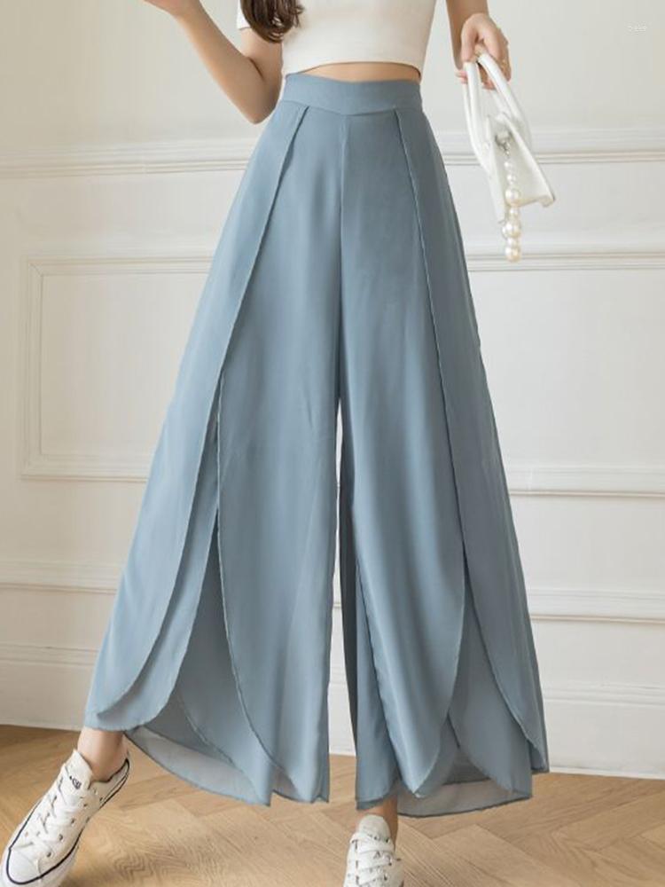 

Women' Pants Korean Fashion Elastic Women High Waist Wide Leg Summer Casual Loose Chiffon Trousers Elegant Long, Blue