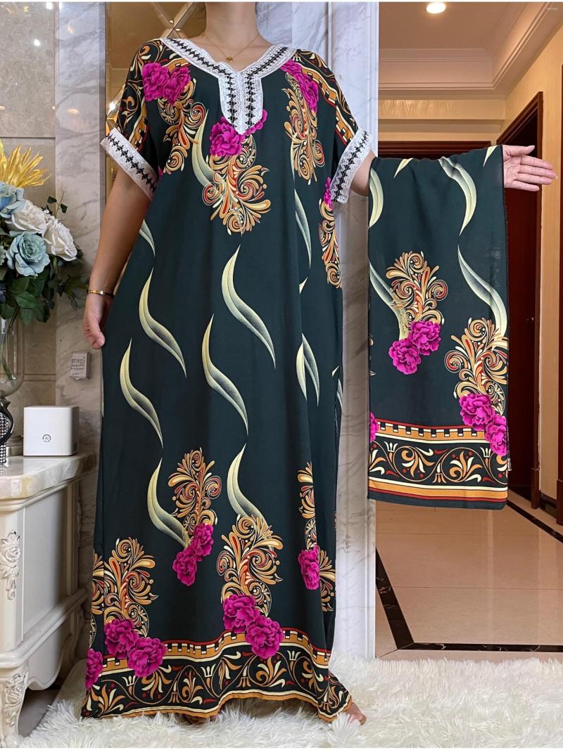 

Ethnic Clothing 2023Summer African Style Short Sleeve Abaya Dashiki Floral Print Gilding Cotton Caftan Lady Muslim Maxi Casual Dresses