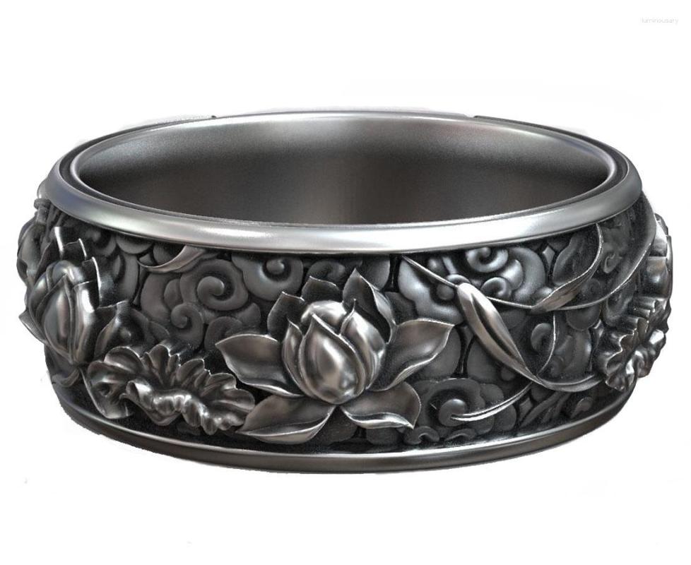 

Cluster Rings Japanese Lotus Flower Kanji Ornamental Wedding Band Ring For Women Mom 925 SOLID STERLING SILVER High Trendy