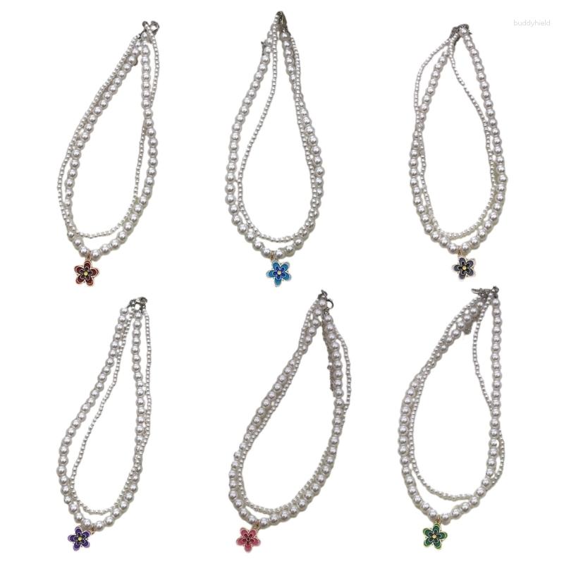 

Chains Y2K Style Double Layered-Pearl Clavicle Chain Flower Pendant Choker Necklace Fashion Jewelry Gift Dainty Beaded