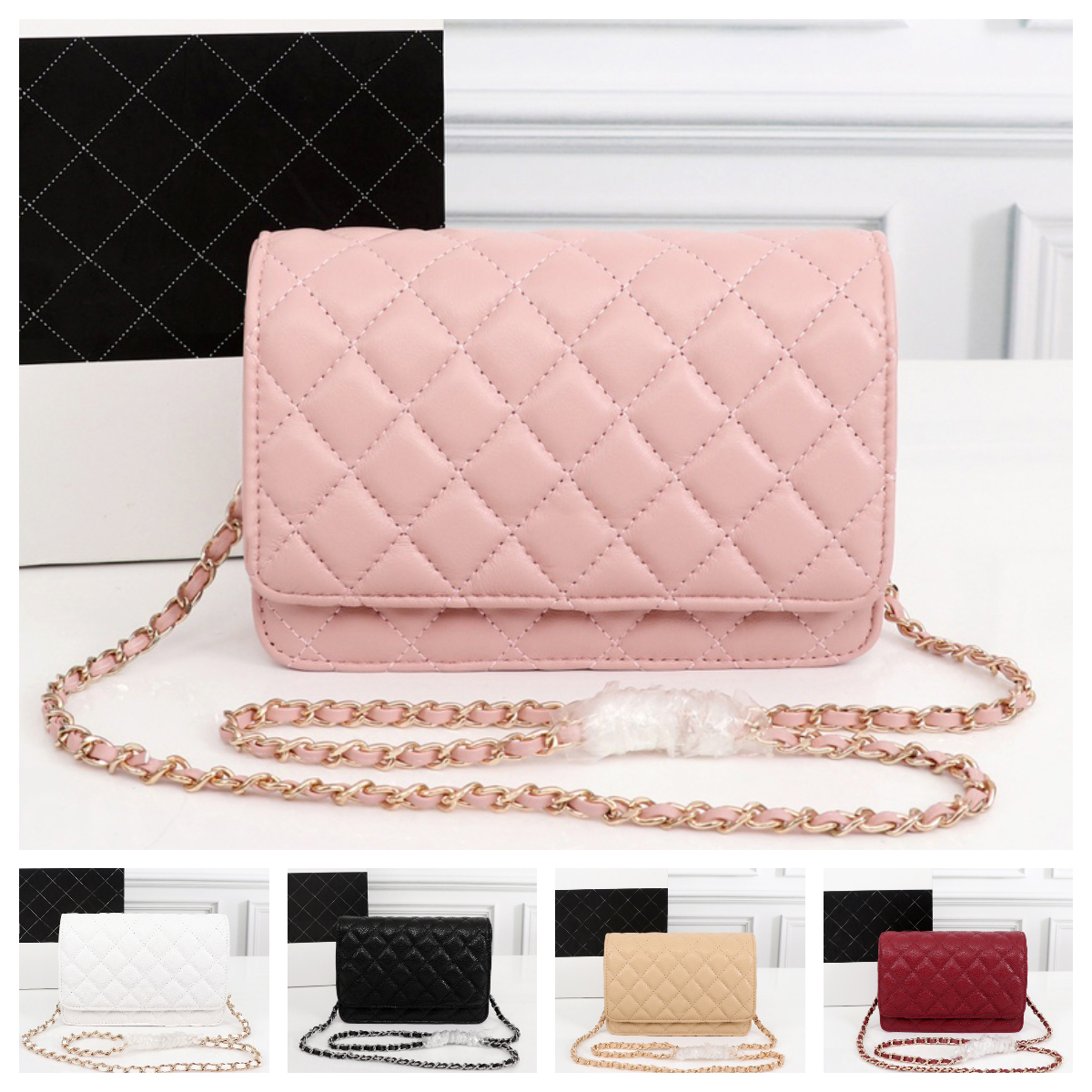 

mini designer bag crossbody bag chain woc Bags channel bag womens cc bag pink pochette Cross body messenger bag quilted leather caviar black Shoulder Bags, Cbh01